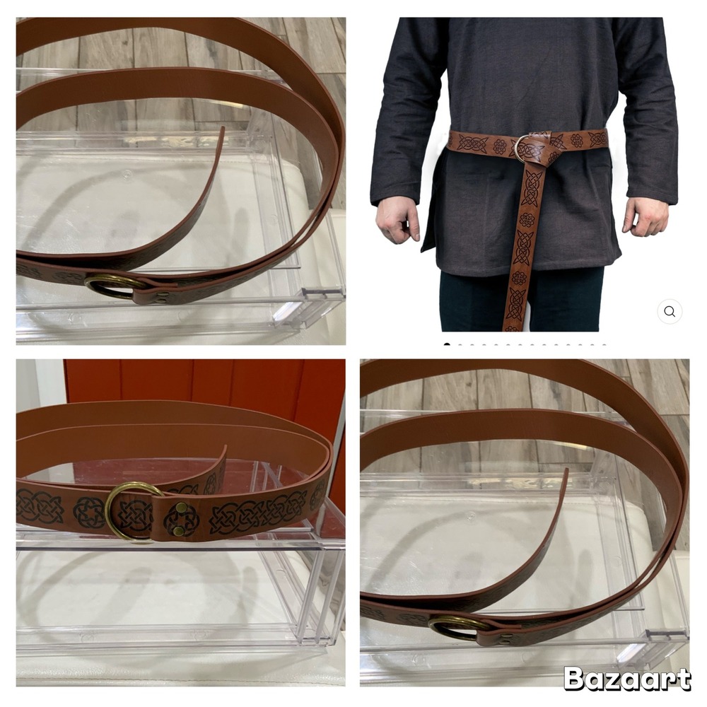 Mens Medieval Celtic Knot Embossed Ring Belt Brown Faux Leather Renaissance LARP
